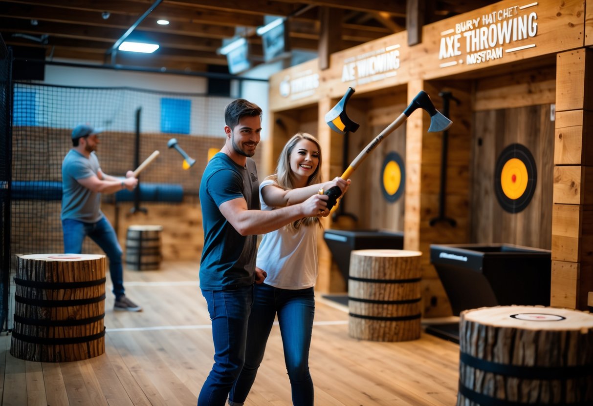 A young couple enjoying axe throwing together in a cozy indoor venue with wooden walls and log targets.