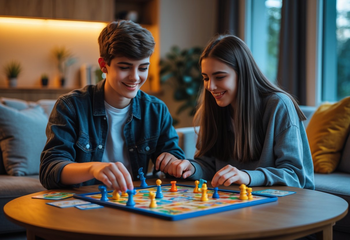 Teenage couple playing board games together at a table in a cozy living room.