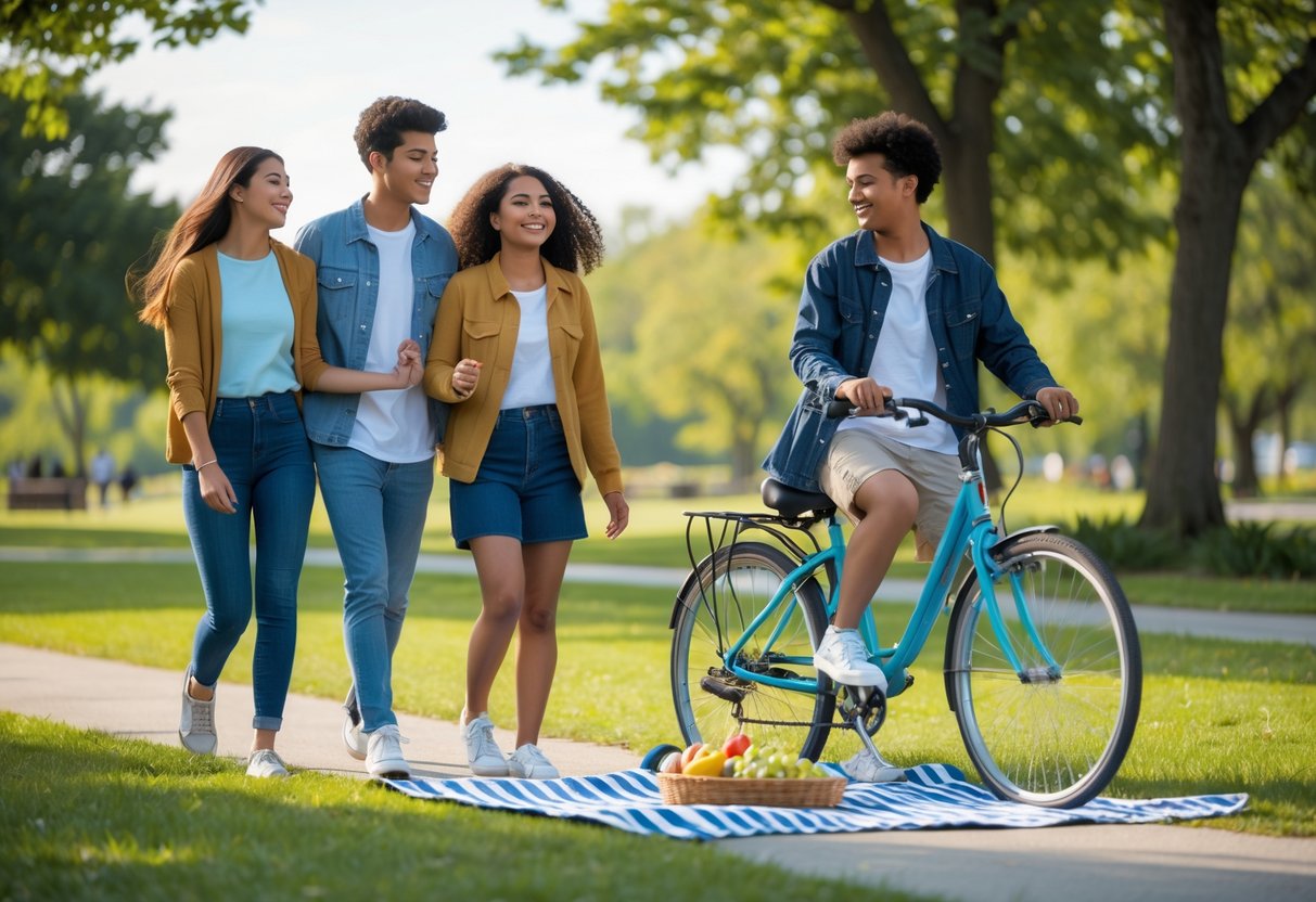 Teen couples enjoying outdoor activities together in a park during the daytime.