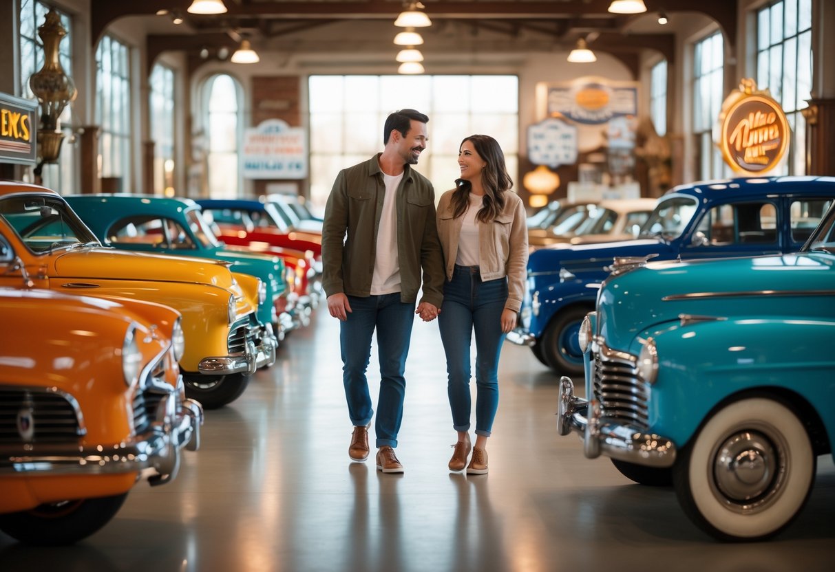 A couple walking hand-in-hand through a museum filled with vintage cars and memorabilia.
