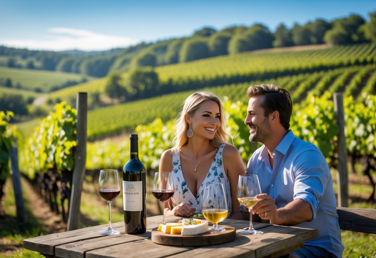 A couple enjoying wine tasting at a vineyard with grapevines and hills in the background.