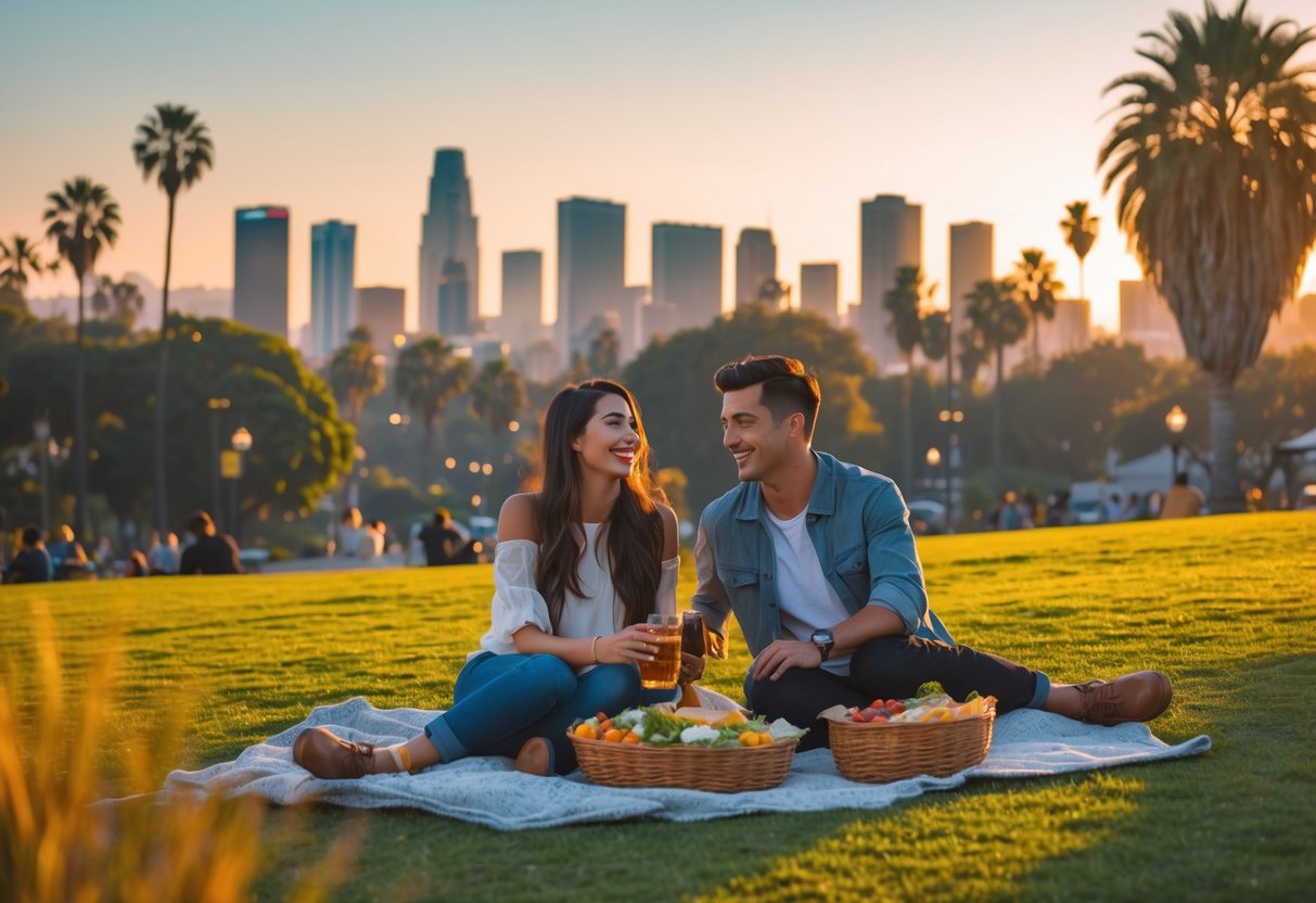A young couple having a picnic at Griffith Park with the Los Angeles skyline and Hollywood Sign in the background during sunset.