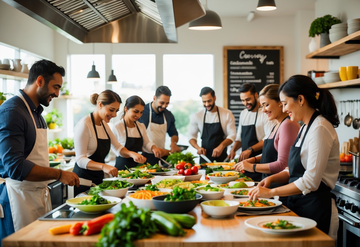 Couples cooking together in a bright kitchen during a cooking class, preparing food and enjoying the experience.