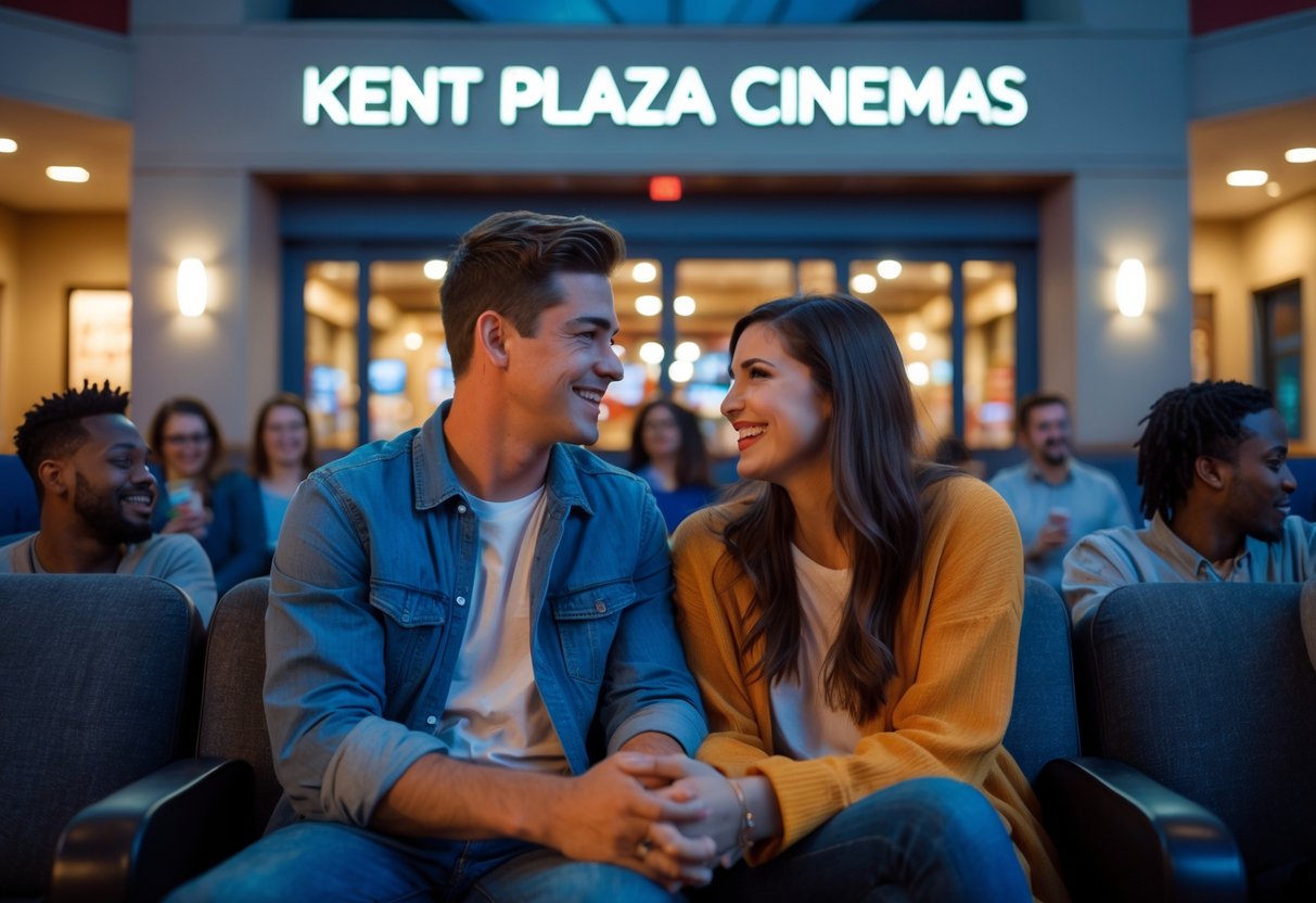 A young couple sitting together in a movie theater lobby, holding hands and smiling as they wait for their movie to start.
