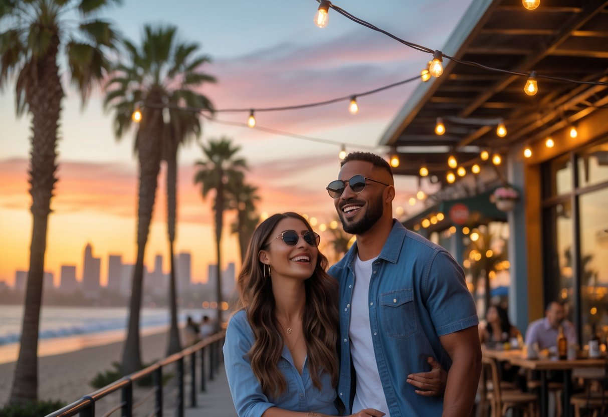 A couple enjoying a romantic date outdoors in Los Angeles with palm trees and city skyline in the background during sunset.