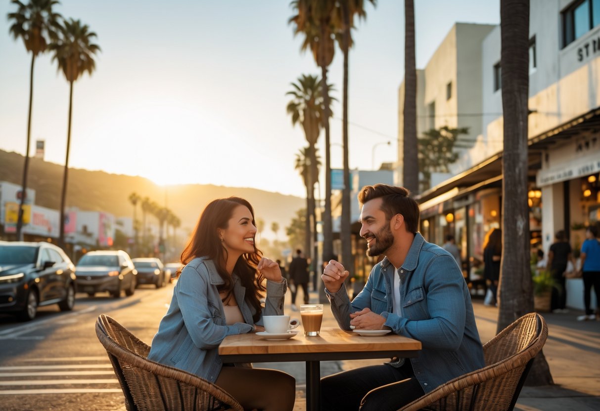 A couple enjoying a sunny outdoor café date in Los Angeles with palm trees and city buildings in the background.