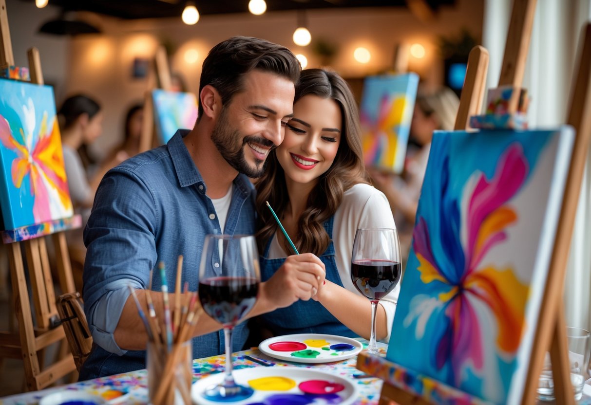 A couple painting on canvases and enjoying wine together in an art studio with other people painting in the background.