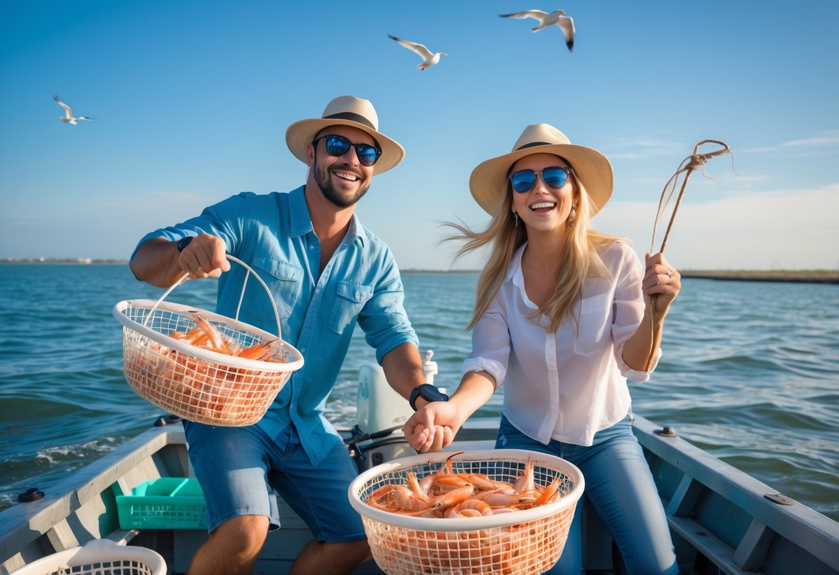A couple on a small boat shrimping together on a sunny day on Galveston Bay.