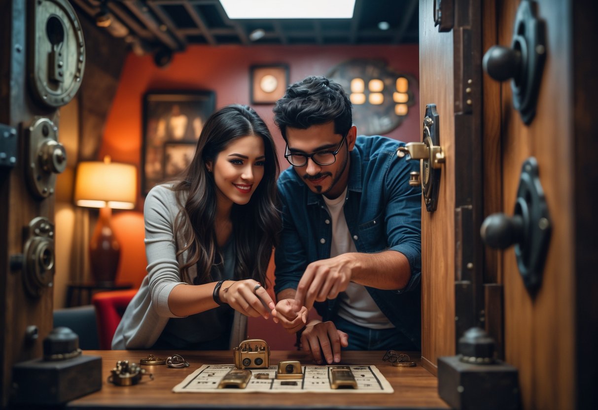 A young couple working together to solve puzzles in an escape room filled with locks and mysterious props.