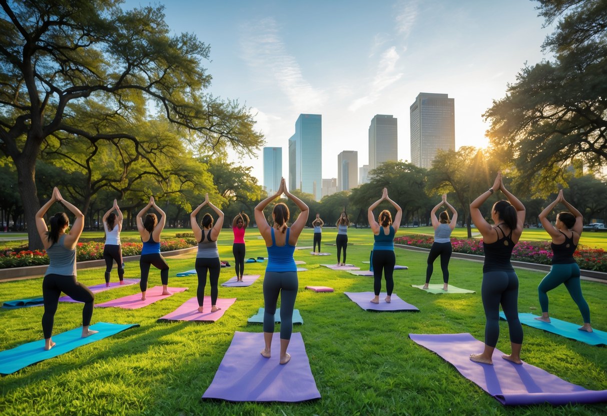 People practicing yoga on mats in a green park with city buildings in the background.