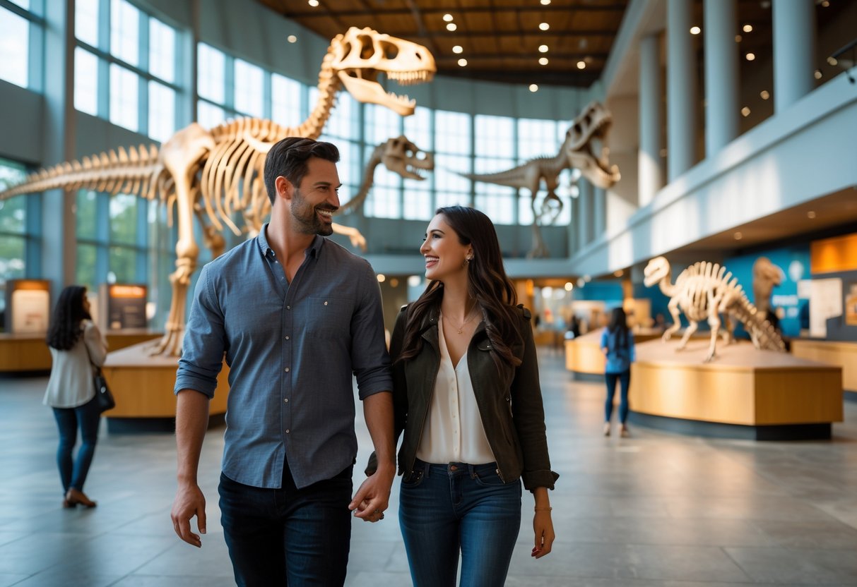 A couple walking hand in hand inside a museum with dinosaur skeletons and exhibits around them.