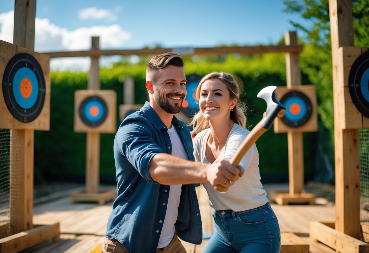 A couple enjoying axe throwing together outdoors at a hurling axe throwing venue.
