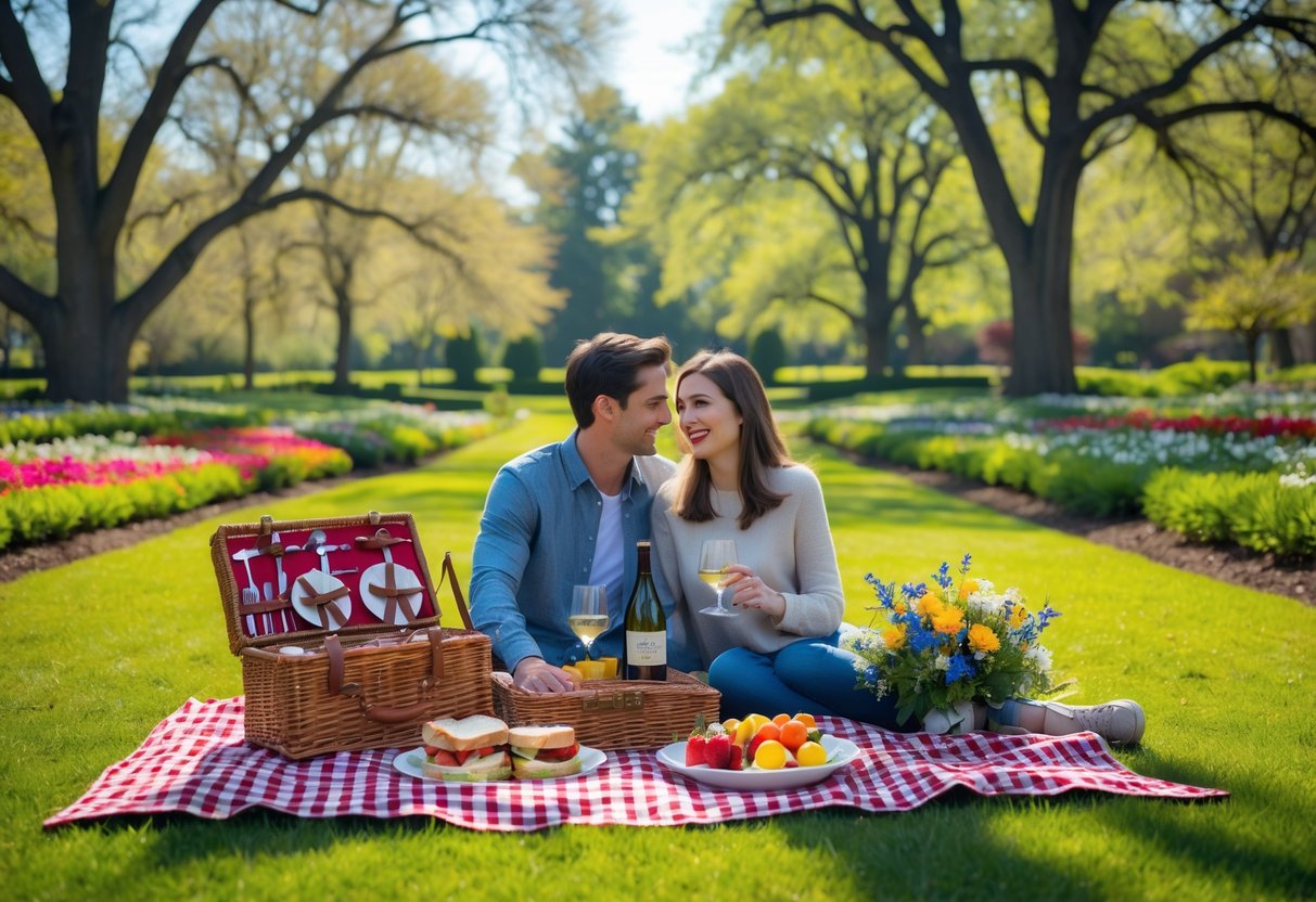 A young couple enjoying a picnic on a blanket in a green park with flowers and trees around them.