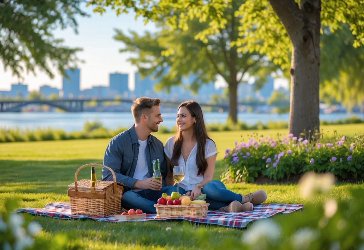 A young couple enjoying a picnic together in a park near a river with trees and city buildings in the background.
