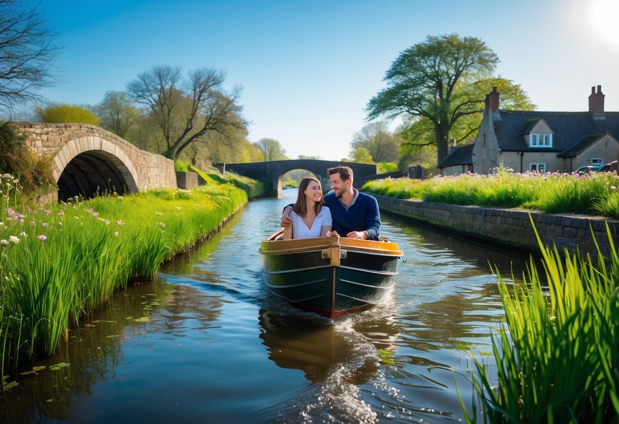 A couple enjoying a peaceful boat ride on a calm canal surrounded by greenery and historic stone bridges.