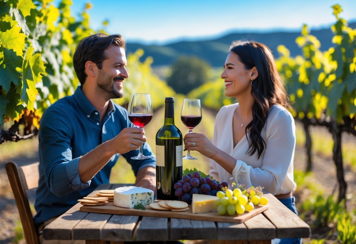 A couple enjoying wine tasting at a vineyard with grapevines and a wooden table with wine and cheese.