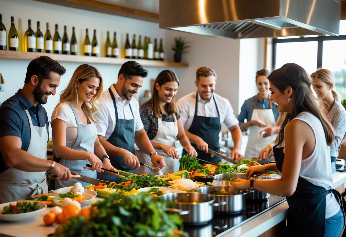 Couples and friends cooking together in a bright kitchen with wine bottles in the background.