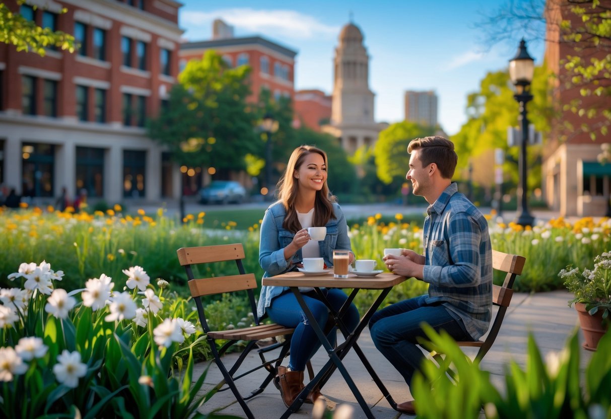A young couple sitting at a small outdoor table in a park with greenery and historic buildings in the background, enjoying a date in Iowa City.