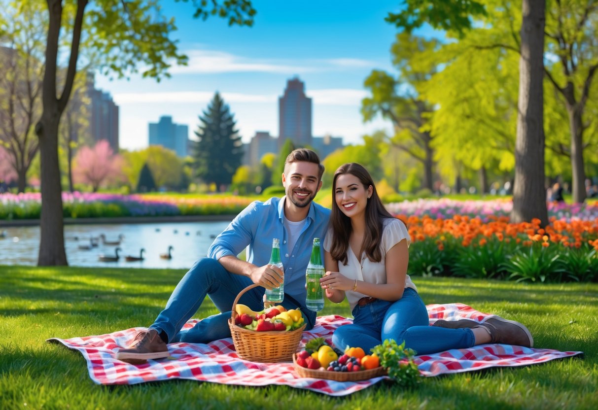 A young couple enjoying a picnic on a blanket in a green park with flowers, trees, and a pond in the background.