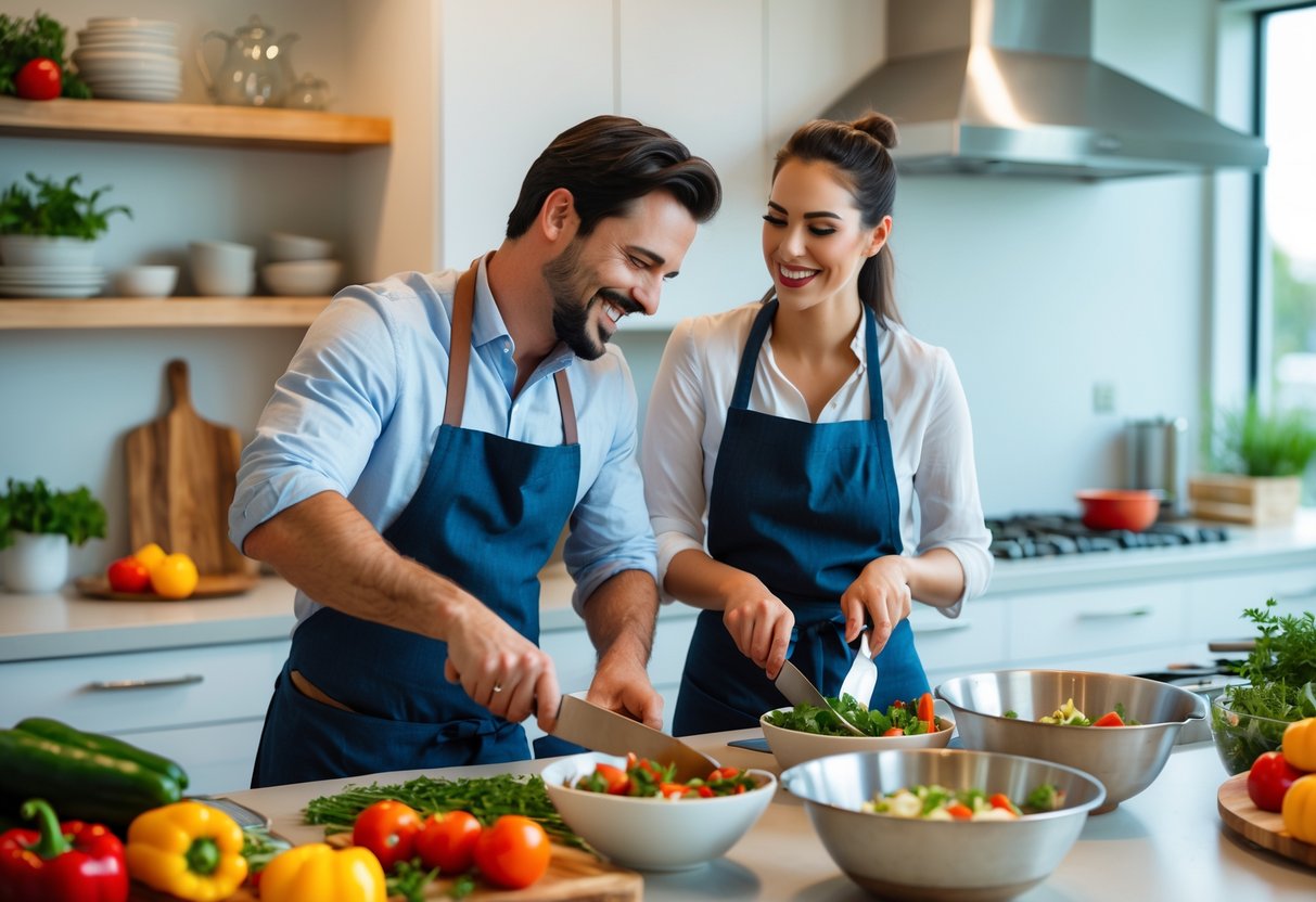 A couple cooking together in a bright kitchen, smiling and preparing fresh ingredients.