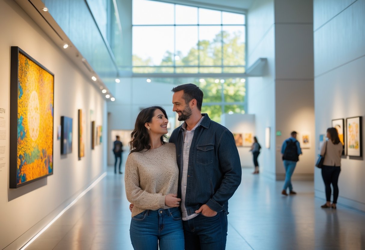 A couple admiring artwork inside a bright museum gallery with large windows and other visitors in the background.