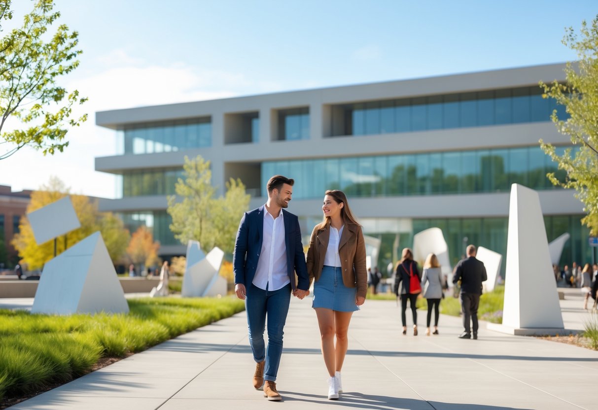A young couple walking hand-in-hand outside the Museum of Contemporary Art Denver on a sunny day.