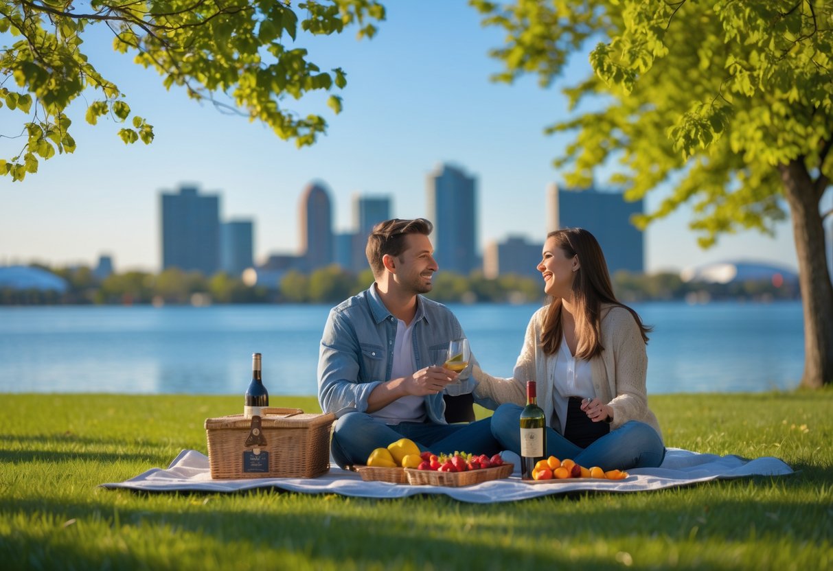 A young couple enjoying a picnic on a green lawn near the water with the Green Bay skyline in the background.