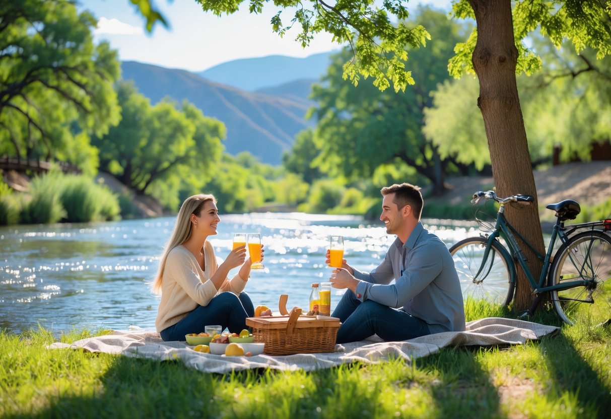 A young couple having a picnic by a river with trees and mountains in the background.