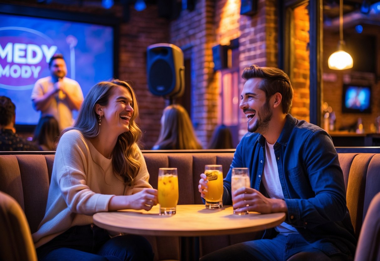 A couple laughing and enjoying a comedy show together in a cozy indoor comedy club.