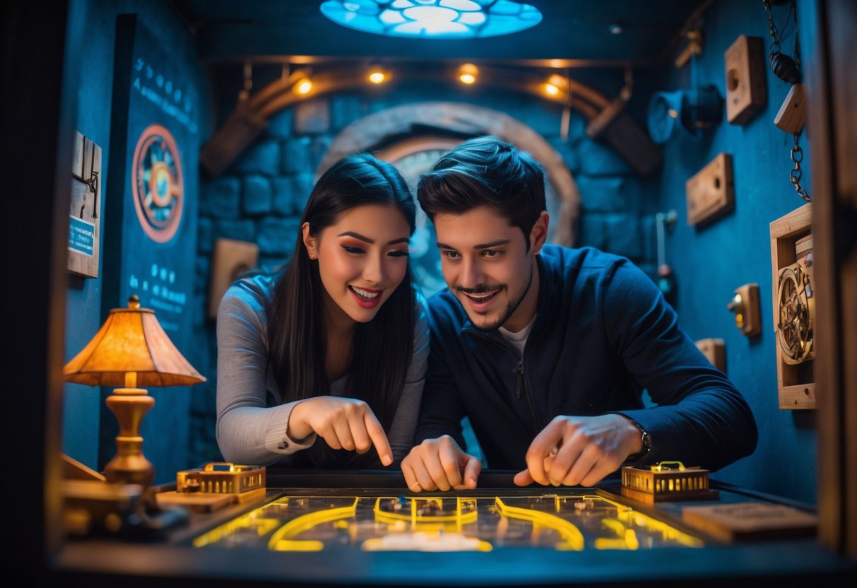 A young couple working together to solve puzzles in an escape room filled with mysterious props and locks.