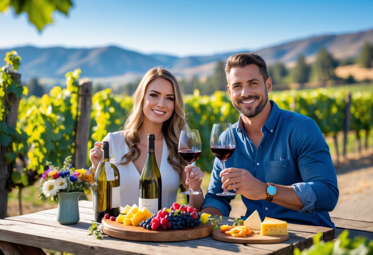 A couple tasting wine outdoors at a winery with grapevines and mountains in the background.