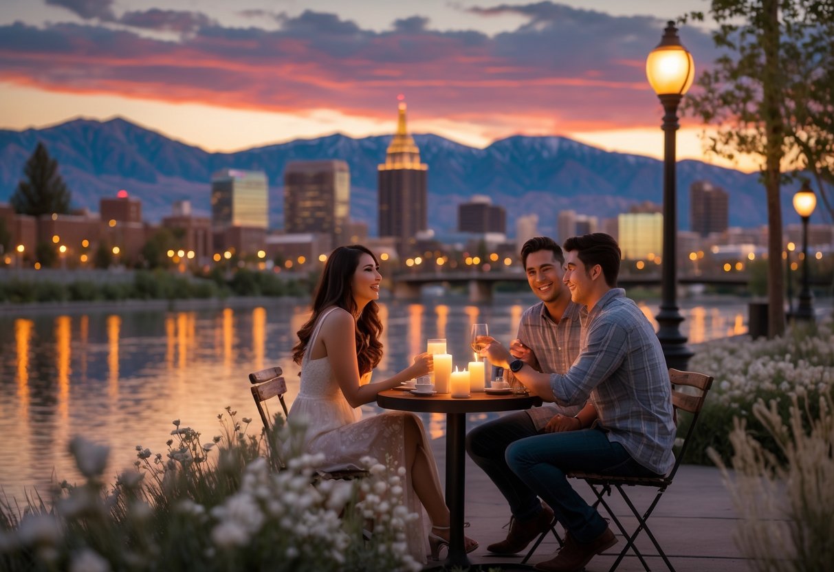 A young couple sharing a romantic outdoor dinner near the Salt Lake City skyline at sunset with mountains in the background.