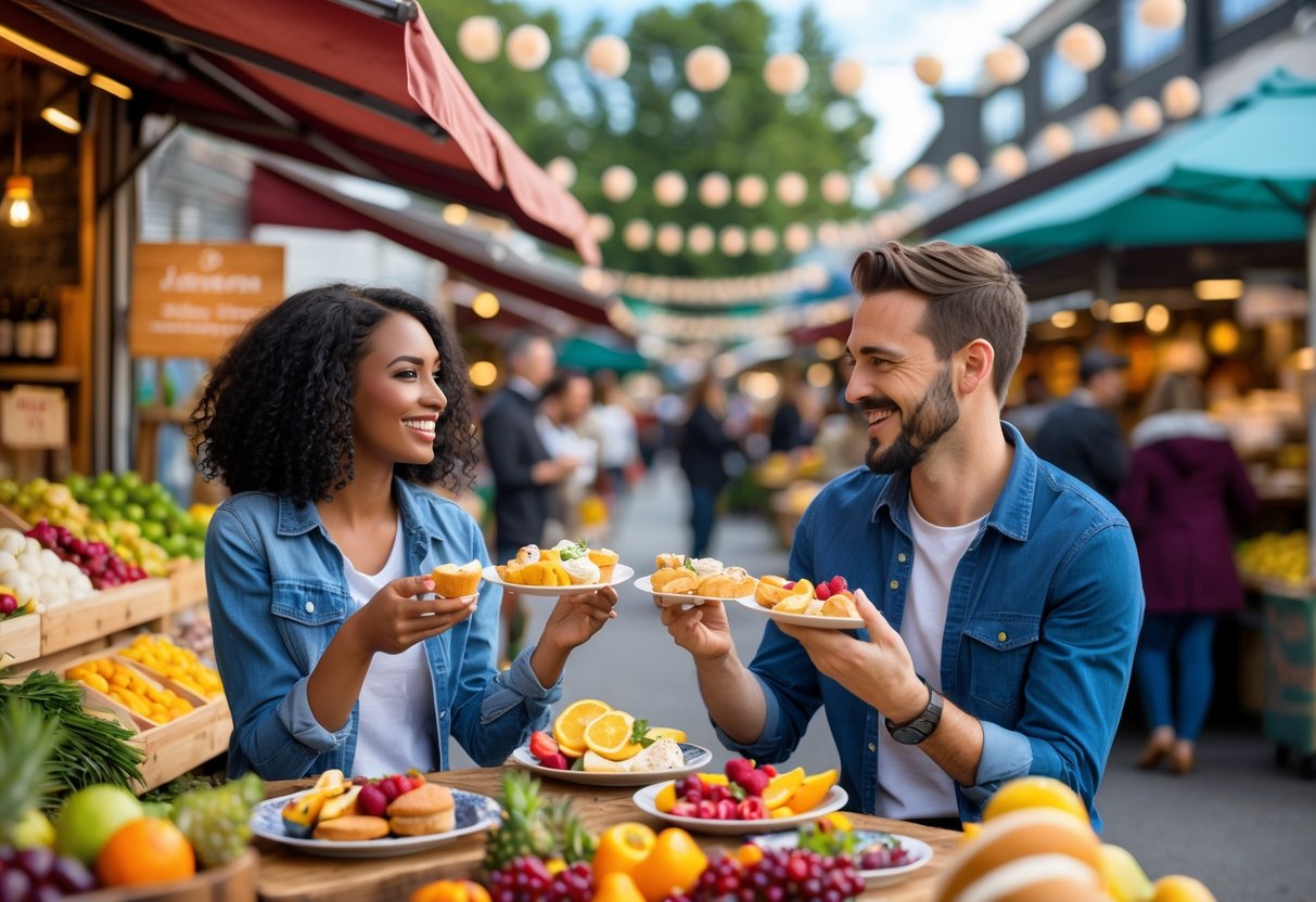 A couple enjoying fresh treats together at an outdoor market with food stalls and string lights.