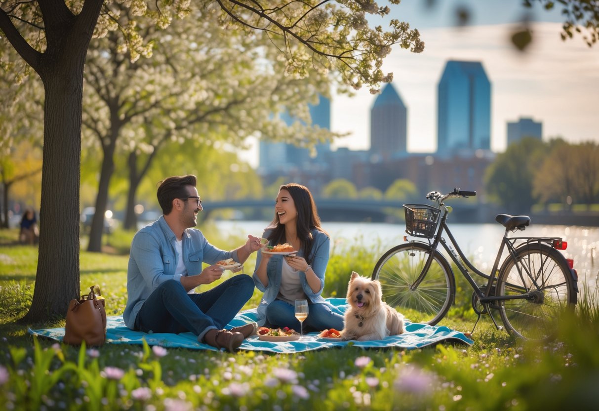 A young couple enjoying a picnic together outdoors with trees and a city skyline in the background.