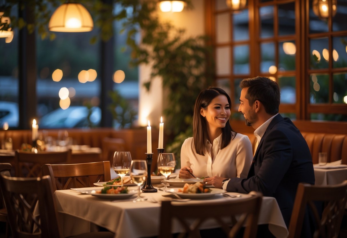 A couple enjoying a romantic dinner at a cozy bistro with warm lighting and elegant table settings.