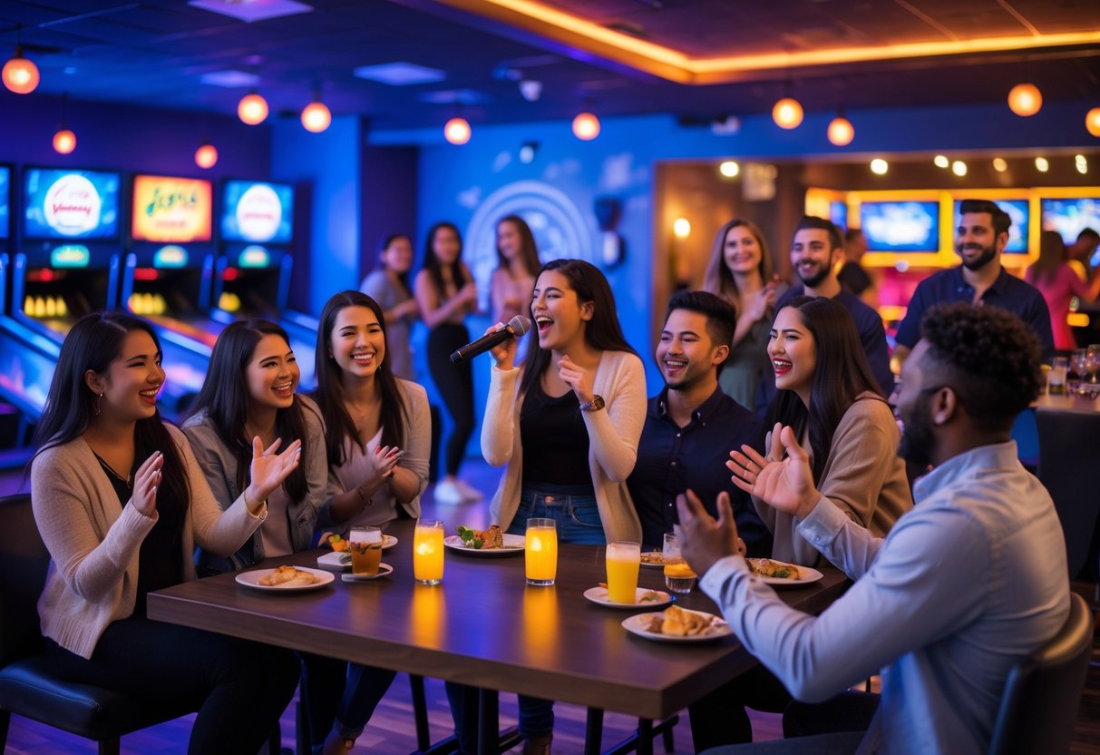 People enjoying karaoke night at a lively entertainment venue with colorful lights, singing, and socializing.