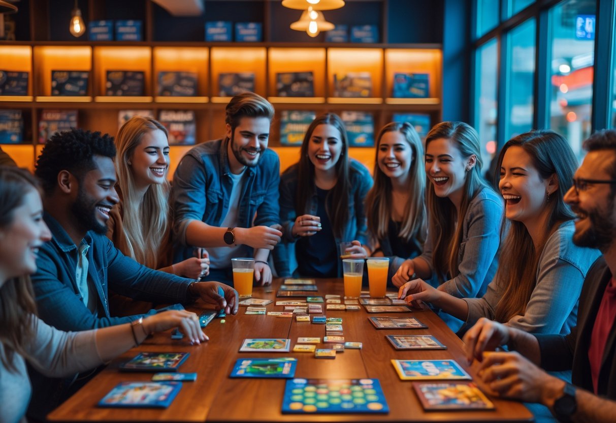 A group of young adults playing board games and enjoying drinks together in a cozy cafe setting.