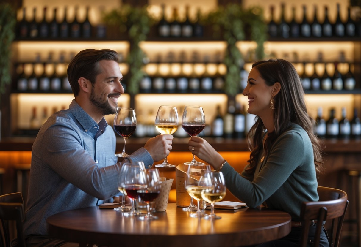 A couple sitting at a wooden table in a wine bar, smiling and holding wine glasses during a wine tasting.