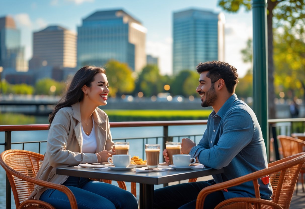 A young couple enjoying a sunny afternoon together at an outdoor café in Arlington, Virginia, with city buildings and greenery in the background.