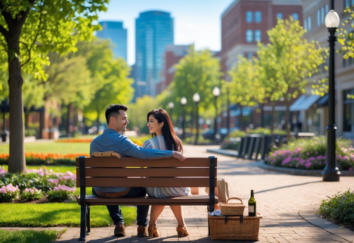 A young couple sitting on a park bench in Arlington, Virginia, enjoying a sunny day surrounded by green trees and city buildings.