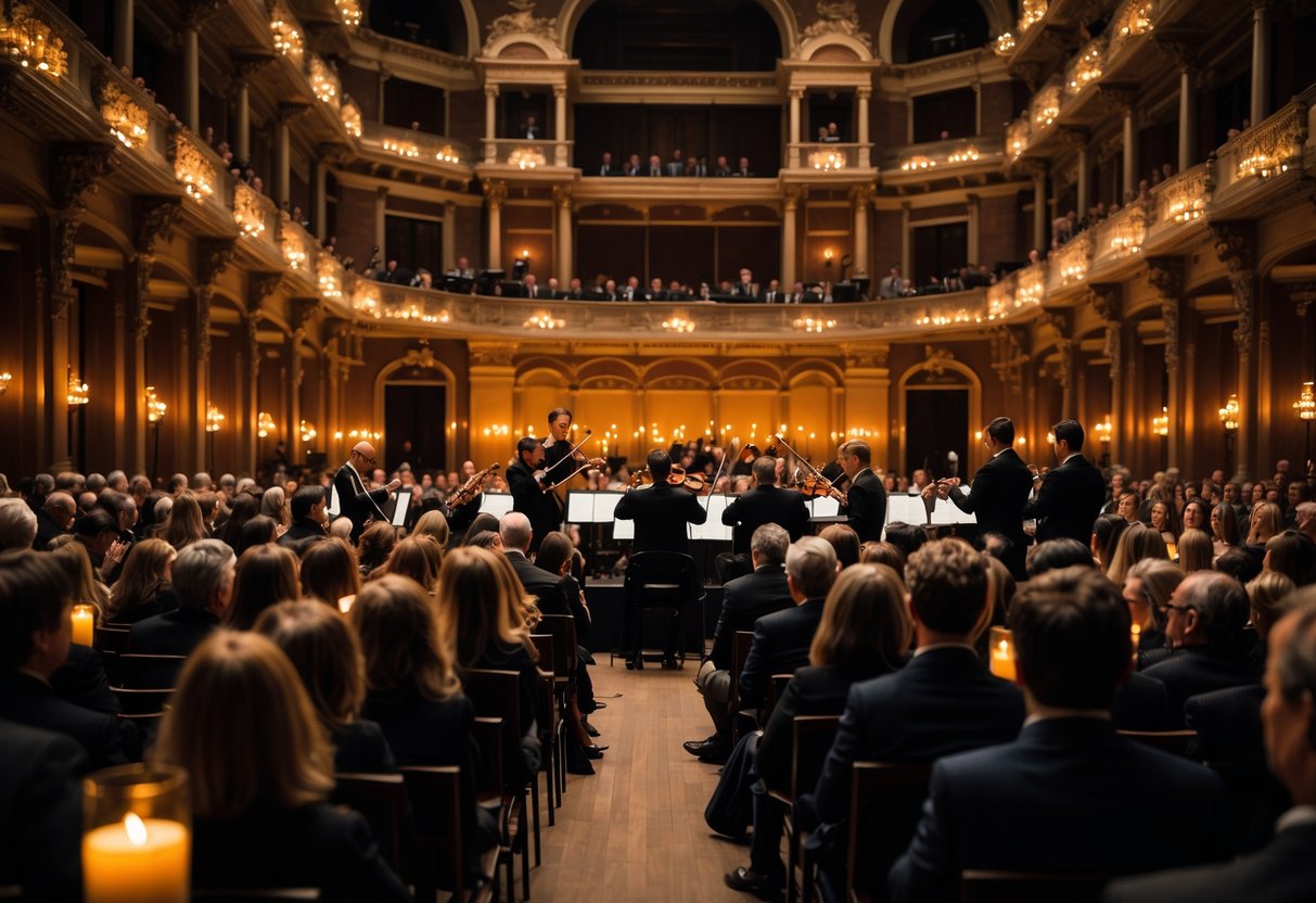 An intimate candlelit concert inside a grand concert hall with musicians performing and an audience seated.