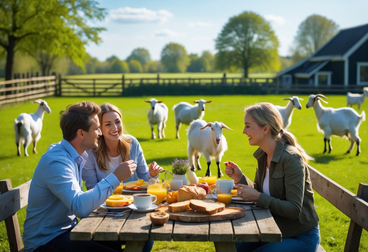 A couple having breakfast outdoors at a goat farm with goats nearby in a green field.