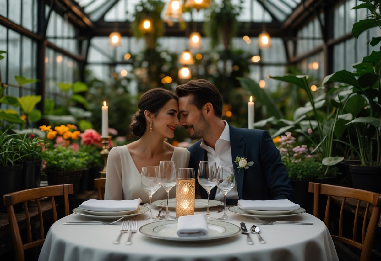A couple enjoying a romantic dinner at a beautifully set table surrounded by greenery inside a greenhouse restaurant.