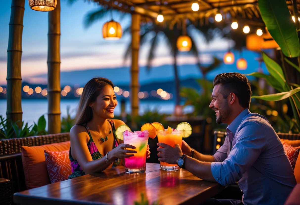 A couple enjoying colorful cocktails at an outdoor tiki bar with tropical decor and warm lighting during twilight.