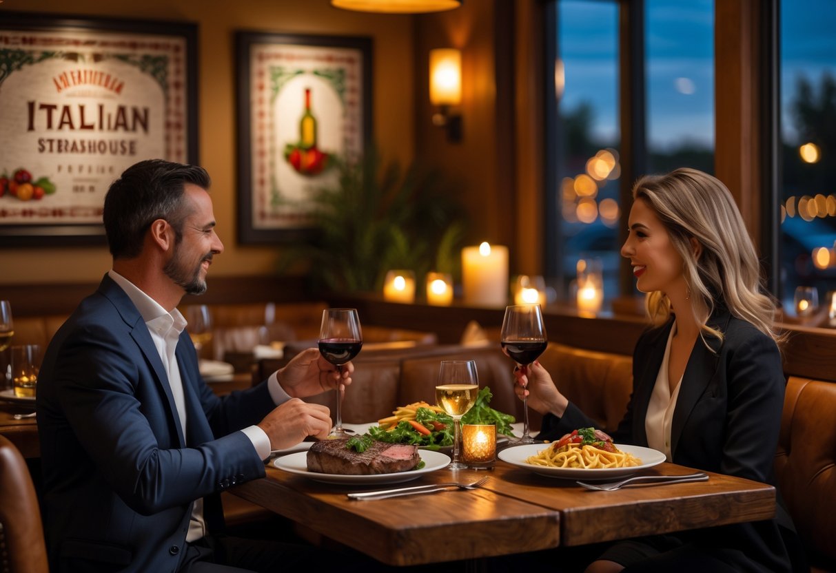 A couple enjoying a dinner together at a cozy Italian steakhouse with warm lighting and elegant decor.