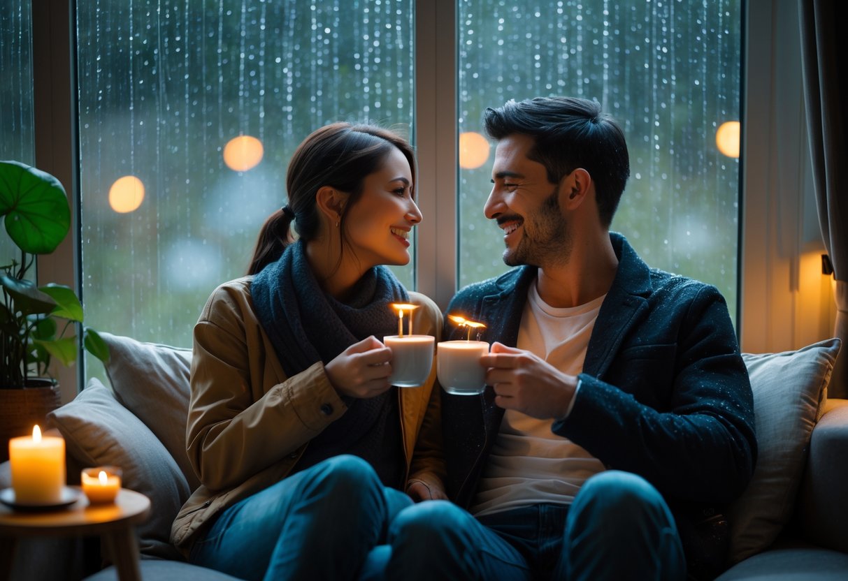 A couple sitting together on a sofa by a window with rain outside, sharing a warm drink indoors.