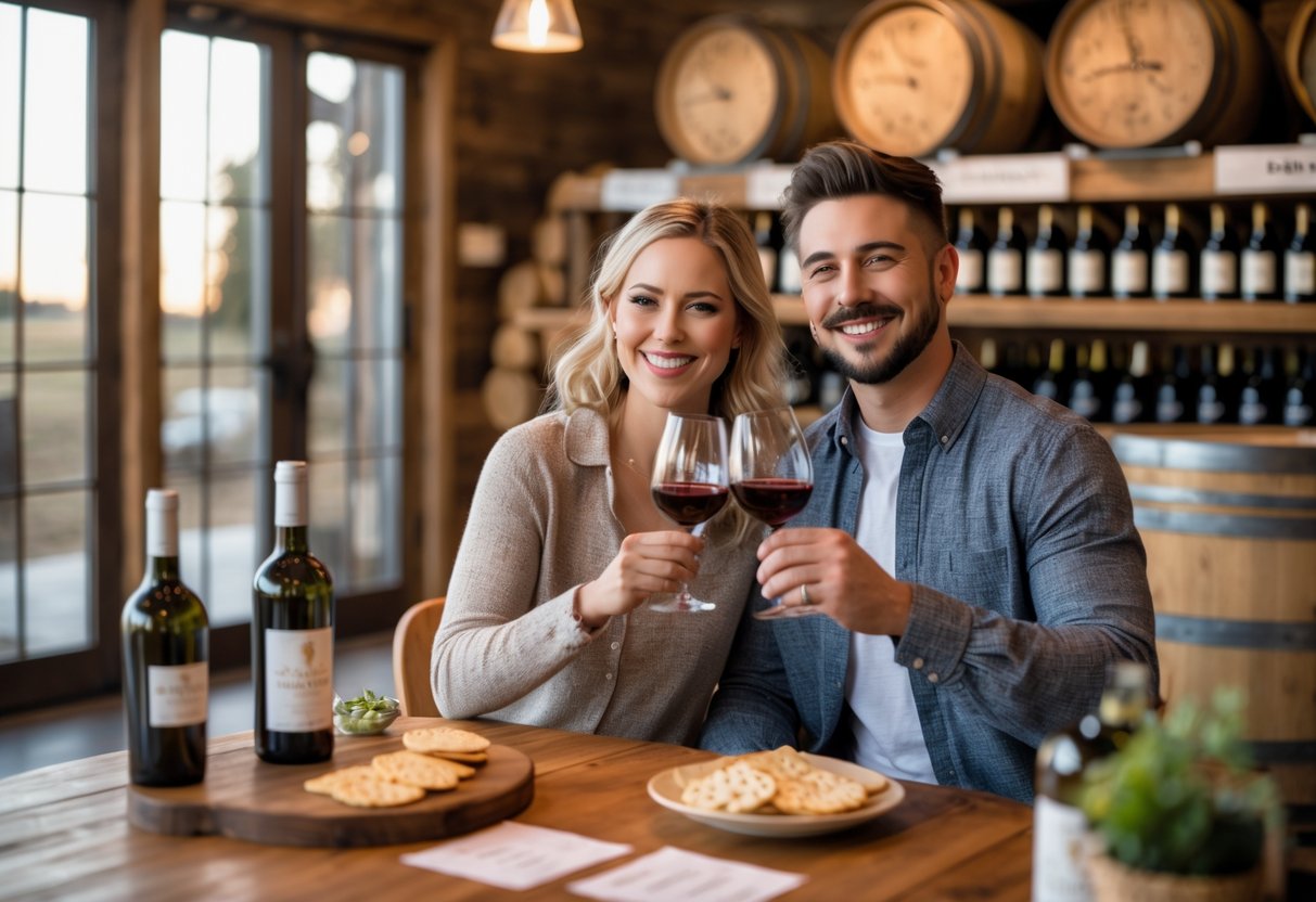 A couple enjoying a wine tasting together at a rustic winery with wine bottles and barrels in the background.