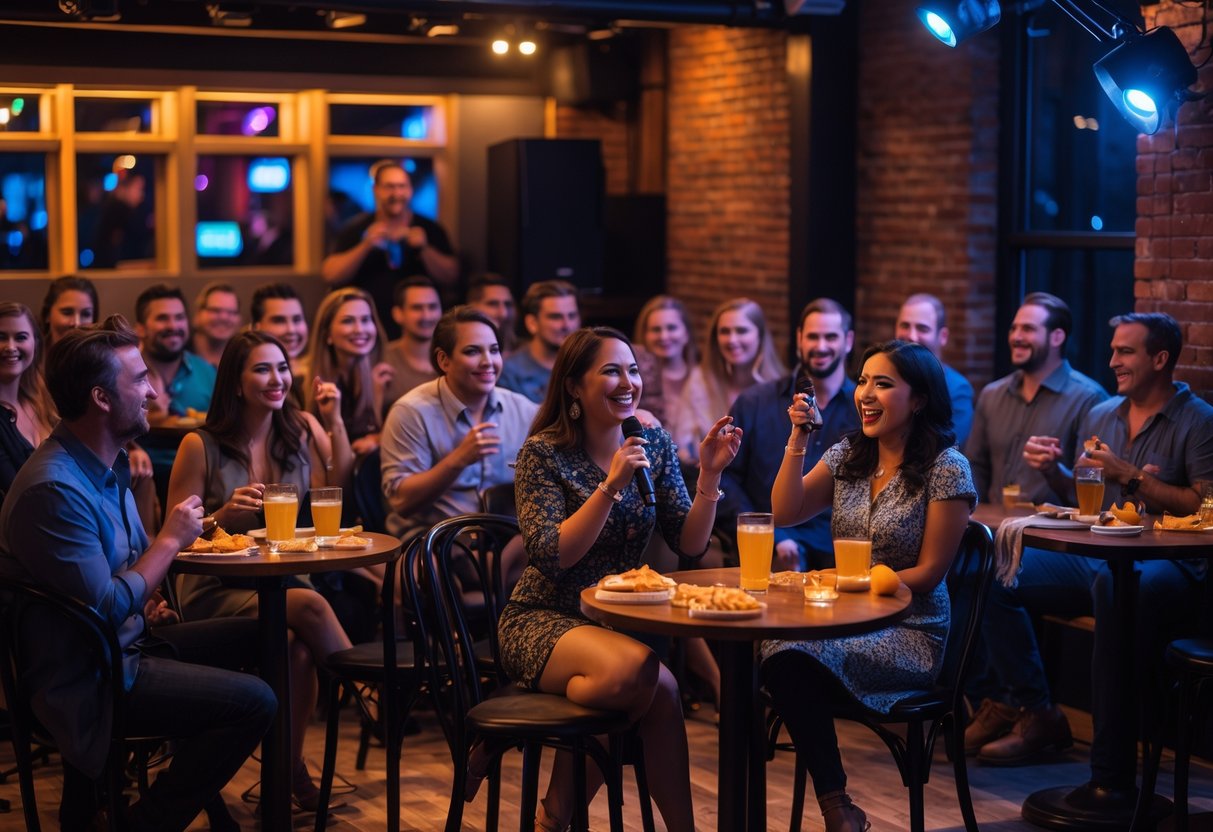 Couples and friends enjoying a comedy show at a cozy club with a comedian performing on stage.