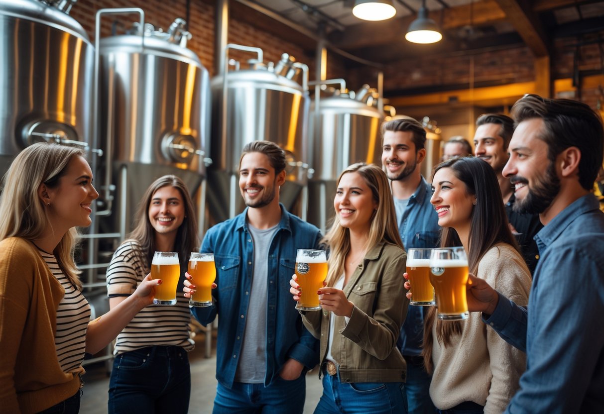 A group of young adults enjoying a brewery tour inside a modern brewery with large fermentation tanks.