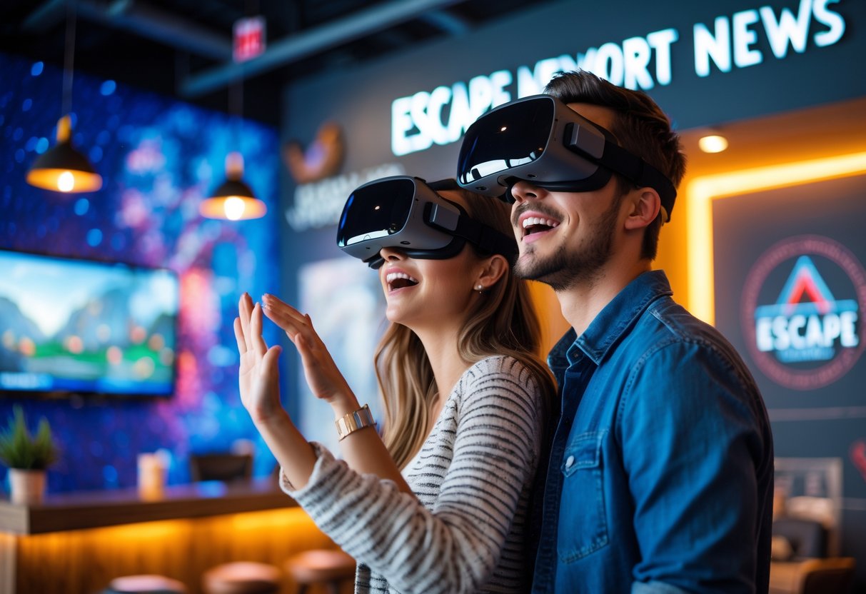 A young couple wearing virtual reality headsets, enjoying an immersive VR experience together indoors.